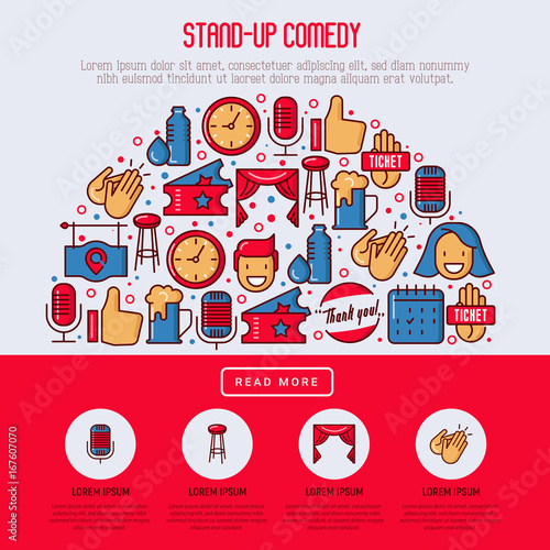Stand up comedy show concept in half circle with thin line icons. Vector illustration for banner, web page, print media.