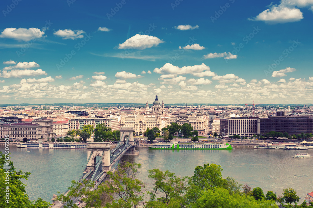 BUDAPEST, HUNGARY- JUNE 05, 2017: City landscape with  Szechenyi Chain Bridge