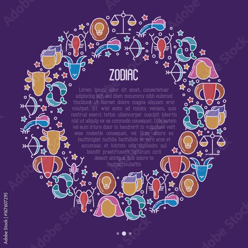 Zodiac signs concept in circle with thin line icons for banner with horoscope, web site or background. Vector illustration.