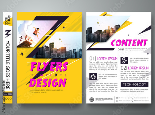 Portfolio design template vector. Minimal brochure report business flyers teen magazine poster. Abstract graphic yellow thunder shape on cover book presentation.