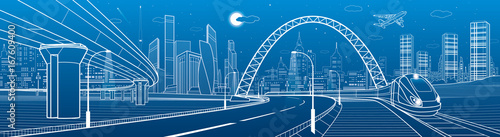 Infrastructure transport panorama. Train rides under bridge. Towers and skyscrapers. Urban scene, modern city on background, industrial architecture. Highway overpass. White lines, vector design art 