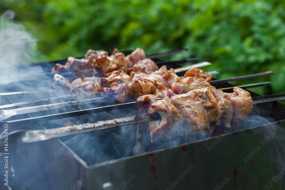 The shish kebab is fried on the grill The shish kebab is fried on the grill