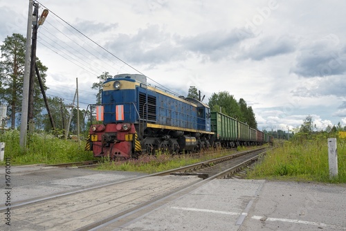 Russian freight train in motion