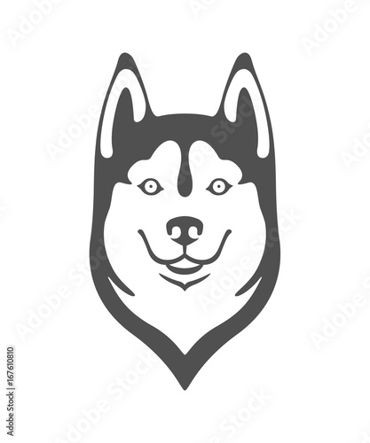 Silhouette of the head of a cheerful and friendly dog of the breed Husky. Black vector isolated on background. 