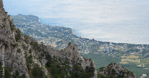 Panoramic view from Ai-Petri mountain towards Crimea coastline, Russia.