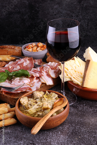 Italian antipasti wine snacks set. Cheese variety, Mediterranean