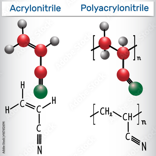 Acrylonitrile and polyacrylonitrile (PAN) polymer molecule - structural chemical formula and model