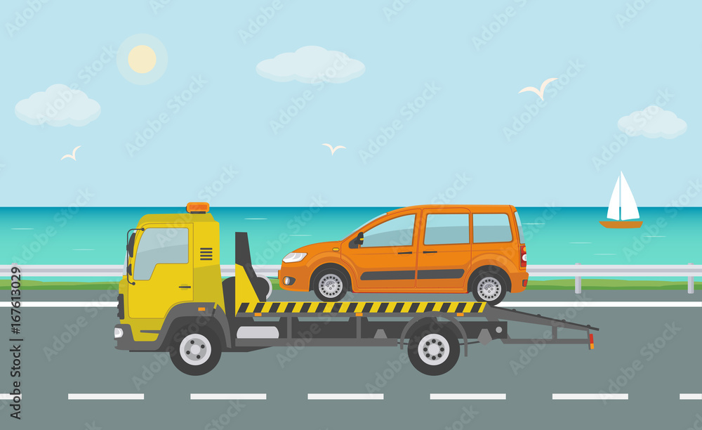 Orange car on tow truck, on the road near the sea. Vector illustration. 
