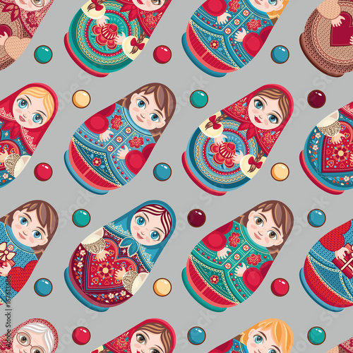 Russian souvenir. Matryoshka - babushka doll. Seamless pattern. Vector