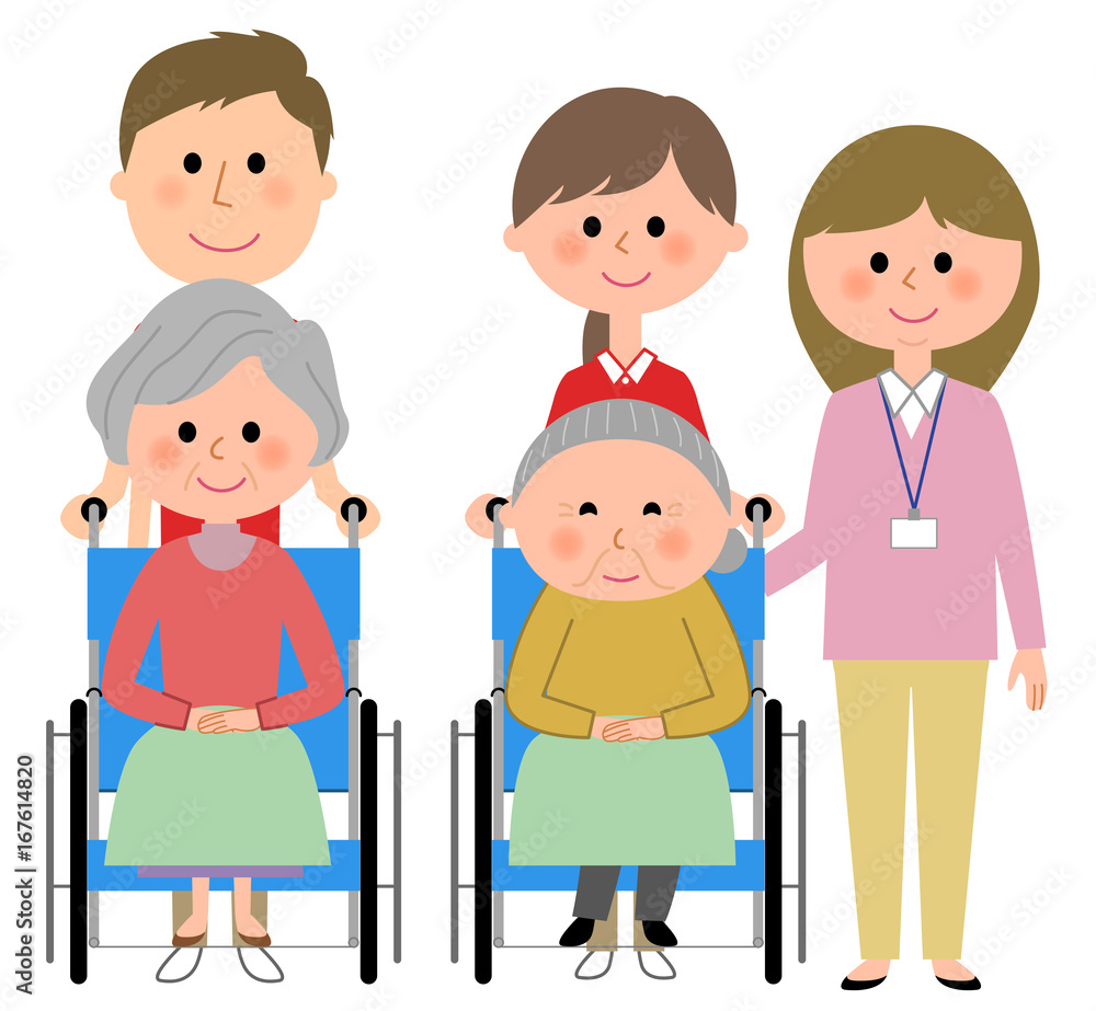 車椅子に乗る高齢者　介護スタッフ