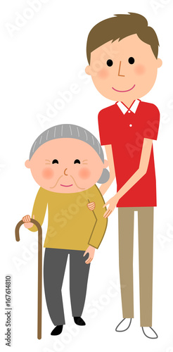 介護スタッフ　高齢者　歩行介助