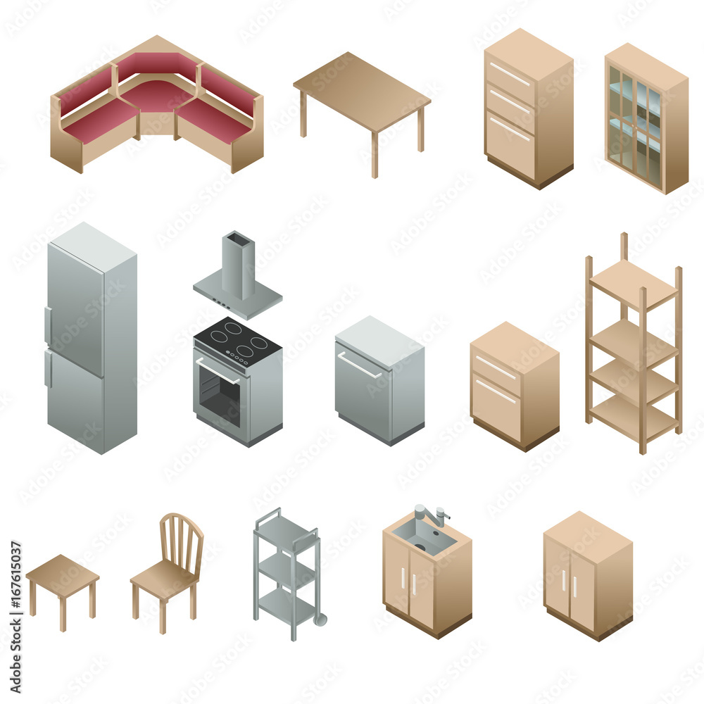 Isometric wooden furniture for kitchen / Gradient fill icon
