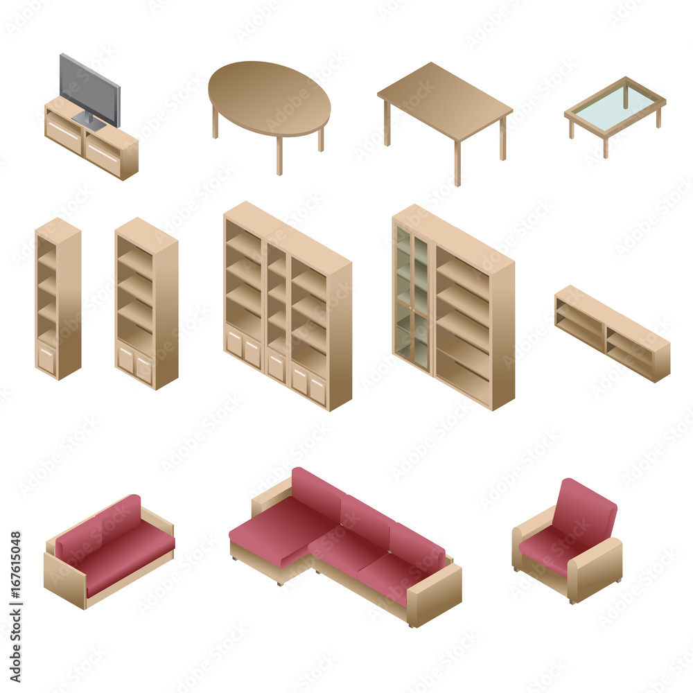 Isometric wooden furniture for living room / Gradient fill icons
