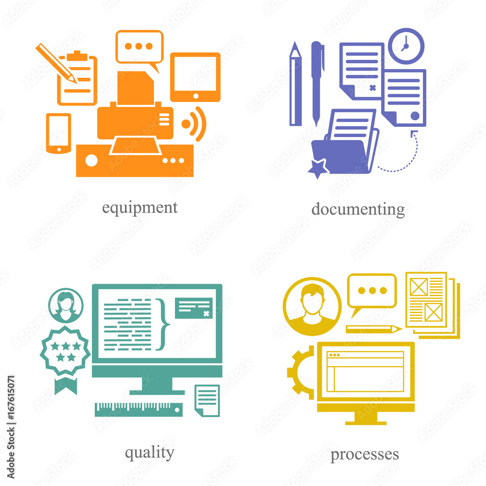 Several directions in the IT sphere / There are icons about equipment, documenting, quality and processes