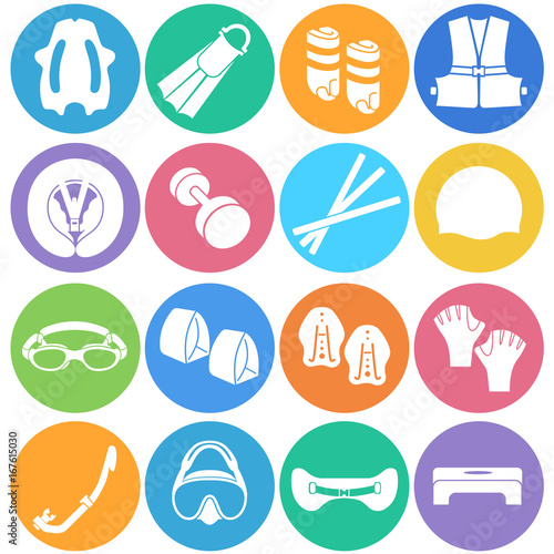 Different types of accessories for swimming as icons / Accessories for swimming and water aerobics in the form of icons
