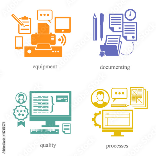Several directions in the IT sphere / There are icons about equipment, documenting, quality and processes