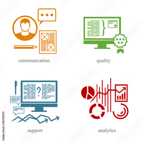 Several directions in the IT sphere / There are icons about communication, analytics, support ans quality