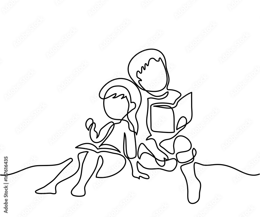 Kids reading books. Back to school concept. Continuous line drawing. Vector illustration on white background Kids reading books. Back to school concept. Continuous line drawing. Vector illustration on white background