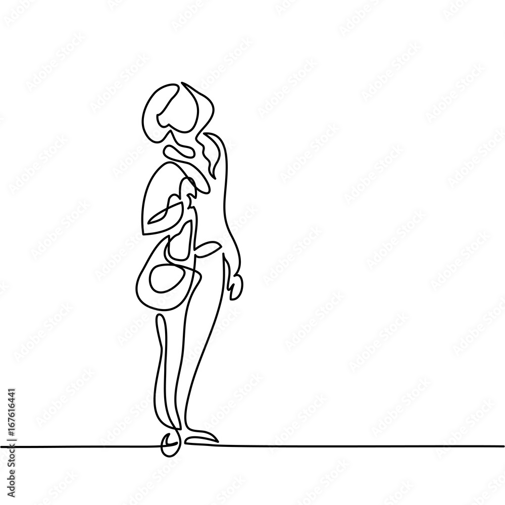 Fashion standing woman with bag. Continuous line drawing. Vector illustration