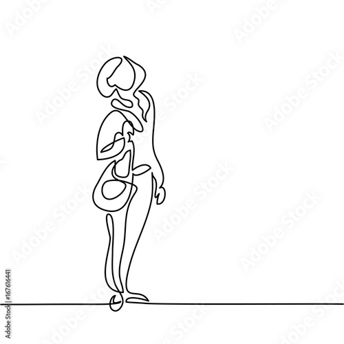 Fashion standing woman with bag. Continuous line drawing. Vector illustration