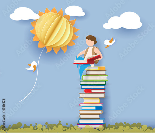 Back to school 1 september card with boy reading book and sitting on stack of books. Vector illustration. Paper cut and craft style.