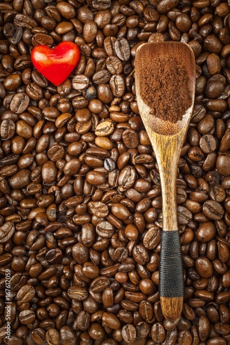 Coffee beans and red hearts. We love coffee. Fresh coffee advertising.