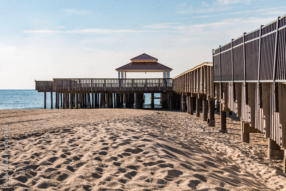 The public viewing pier at Buckroe Beach in Hampton, Virginia, which has a wooden viewing deck and gazebo.