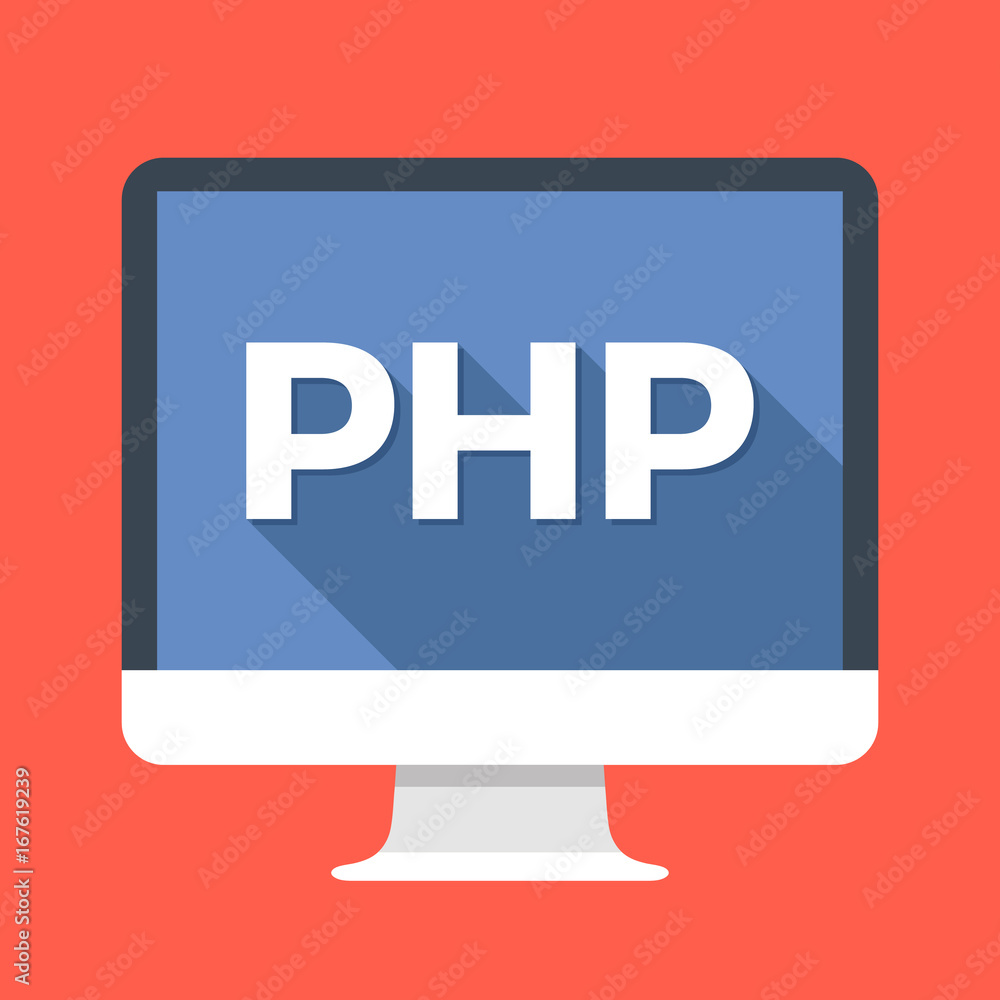Computer with PHP word on screen. Server-side scripting language. Web development, back-end programming, coding, learning concepts. Simple flat icon. Modern long shadow flat design vector illustration Computer with PHP word on screen. Server-side scripting language. Web development, back-end programming, coding, learning concepts. Simple flat icon. Modern long shadow flat design vector illustration