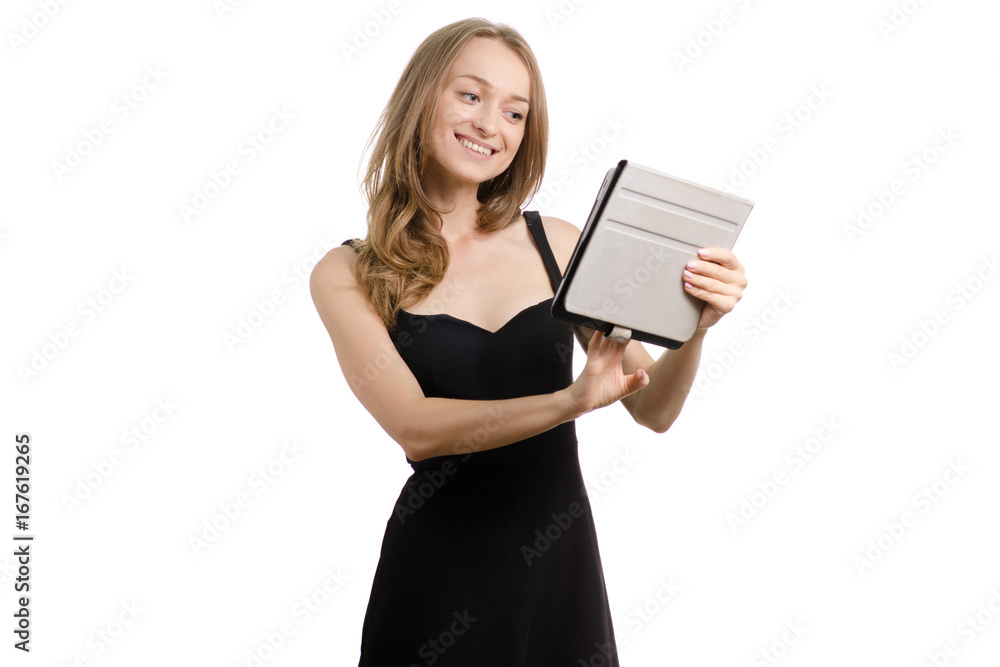Young woman in black dress with tablet Young woman in black dress with tablet