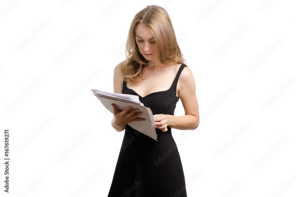 Young woman in a black dress with a pile of papers Young woman in a black dress with a pile of papers