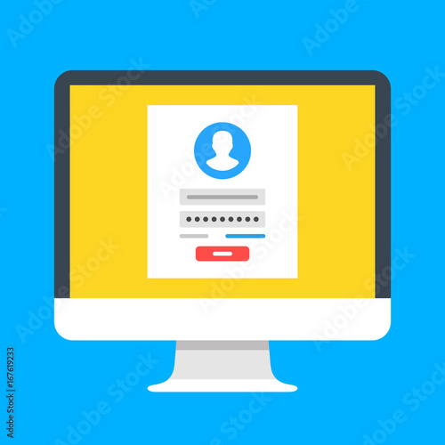 Sign in page on computer screen. Desktop computer with login form and sign in button. User account. Modern concept. Creative flat design vector illustration