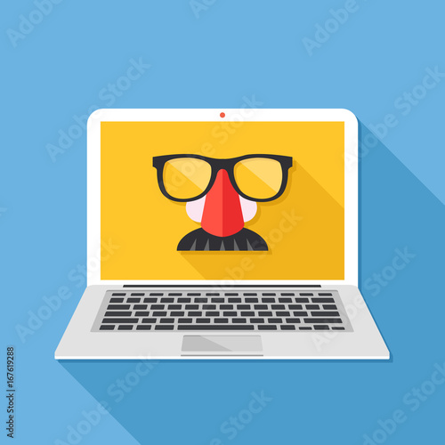 Internet privacy, online conspiracy, private browsing, incognito mode, anonymous web browsing concepts. Disguise mask on laptop screen. Long shadow design. Creative flat design vector illustration