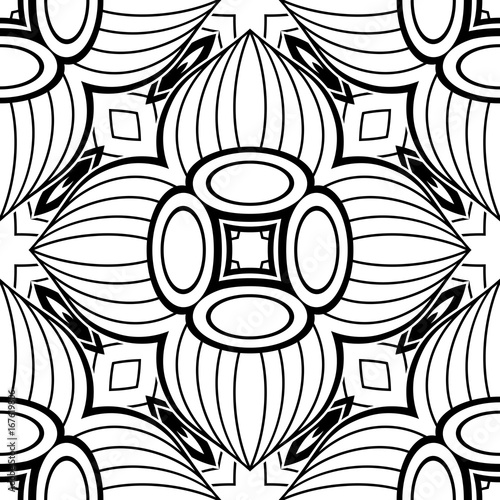 Black and White Seamless Pattern with Mosaic Floral Motif. Endless Tribal Texture. Tile Background, Kaleidoscope. Pressured Printing Template. Vector Contour Illustration. Abstract Art, Ethnic Style