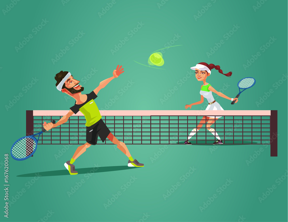 Two happy smiling people man and woman characters play tennis. Vector flat  cartoon illustration Stock Vector | Adobe Stock