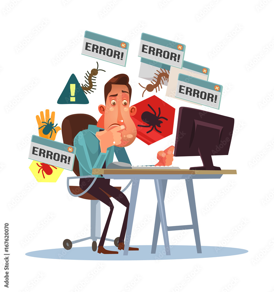 Business scary depressed man character with broken computer. Error window. Dangerous computer virus. Cyber fraud. Vector flat cartoon illustration