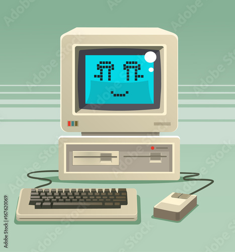 Happy smiling old computer character. Vector flat cartoon illustration