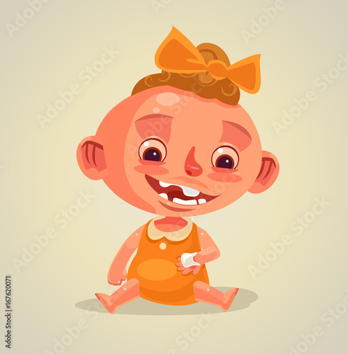 Happy smiling child character holds dying baby tooth. Vector flat cartoon illustration
