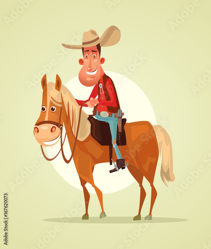 Happy smiling cowboy sheriff character ride horse. Vector flat cartoon illustration