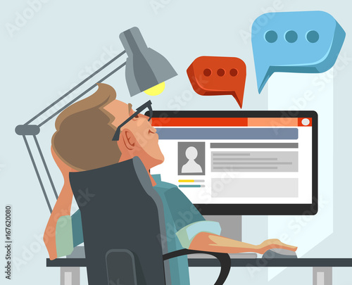 Happy smiling user man character communicates on Internet. Vector flat cartoon illustration