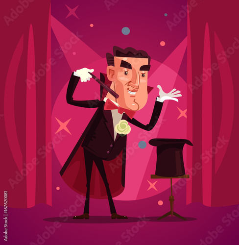 Happy smiling magician wizard character shows focus. Vector flat cartoon illustration