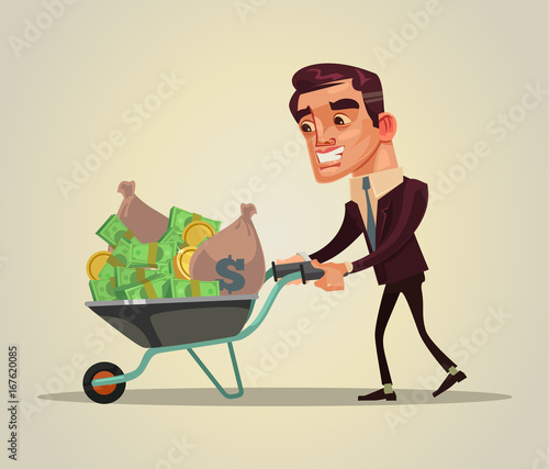 Happy smiling rich business man character hold wheelbarrow full of money. Vector flat cartoon illustration