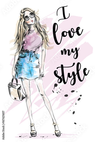 Beautiful young girl with slogan about style. Hand drawn fashion woman. Sketch. Vector illustration.