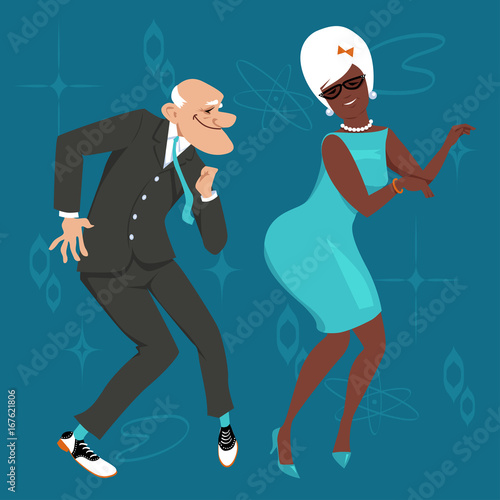 Mature couple dressed in 1960th fashion dancing the Twist  EPS 8 vector illustration