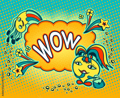 Doodle monster girl in pop art cartoon comic retro style with stars gems speech bubble  and inscription WOW with halftone for advertising Rating quality product