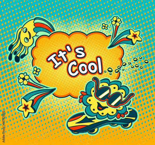 Doodle monster on skateboard  in pop art cartoon comic retro style and with inscription it is cool in speech bubble for advertising Rating quality product