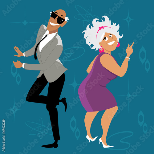 Mature couple dressed in 1960th fashion dancing the Twist, EPS 8 vector illustration