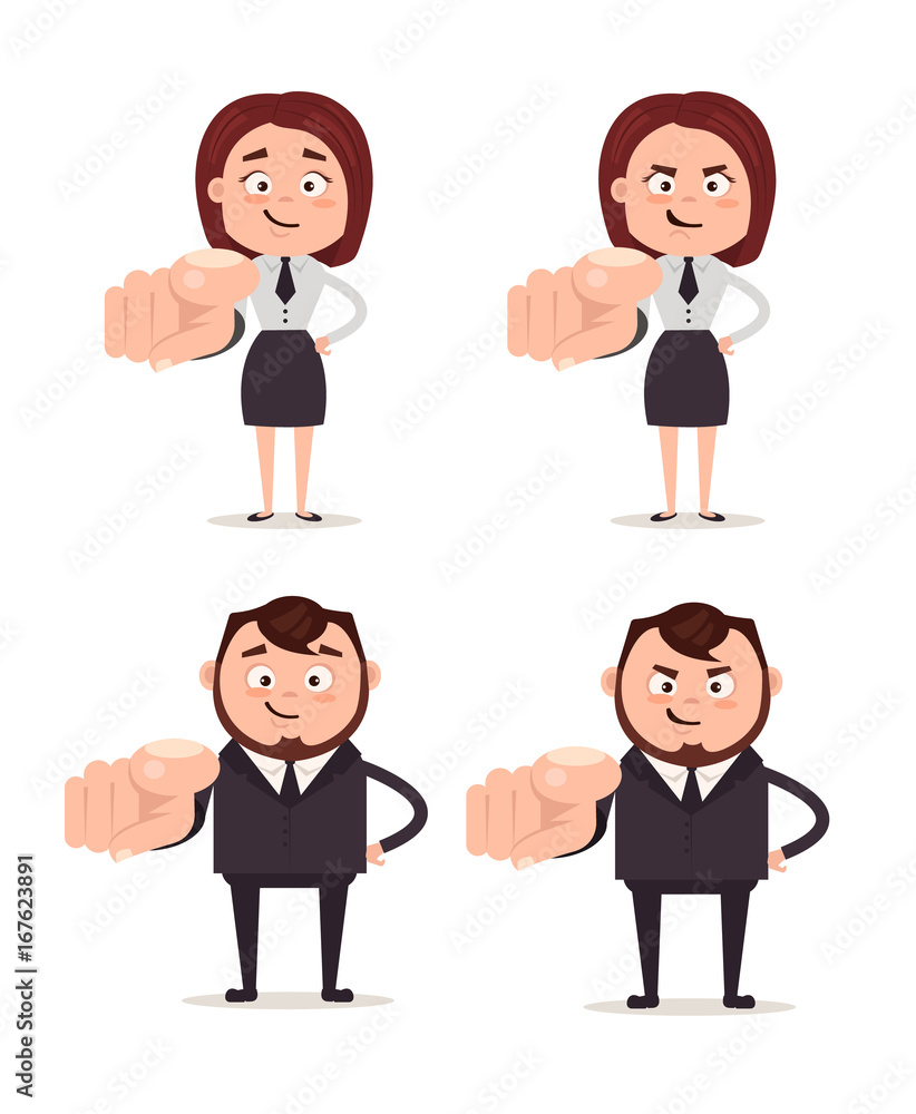 Office workers business man and woman character pointing and choosing you. Vector flat cartoon illustration Office workers business man and woman character pointing and choosing you. Vector flat cartoon illustration