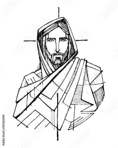 Ink illustration of Jesus Christ and a Cross