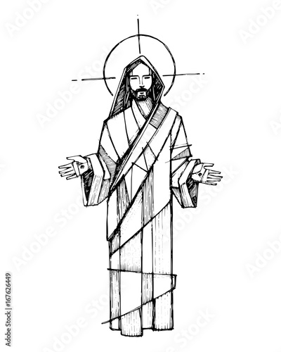 Ink illustration of Jesus Christ with open hands