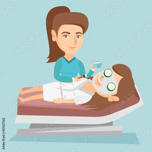 Cosmetologist applying facial cosmetic mask on face of a client in beauty salon. Young woman lying on table in salon during cosmetology procedure. Vector cartoon illustration. Square layout.